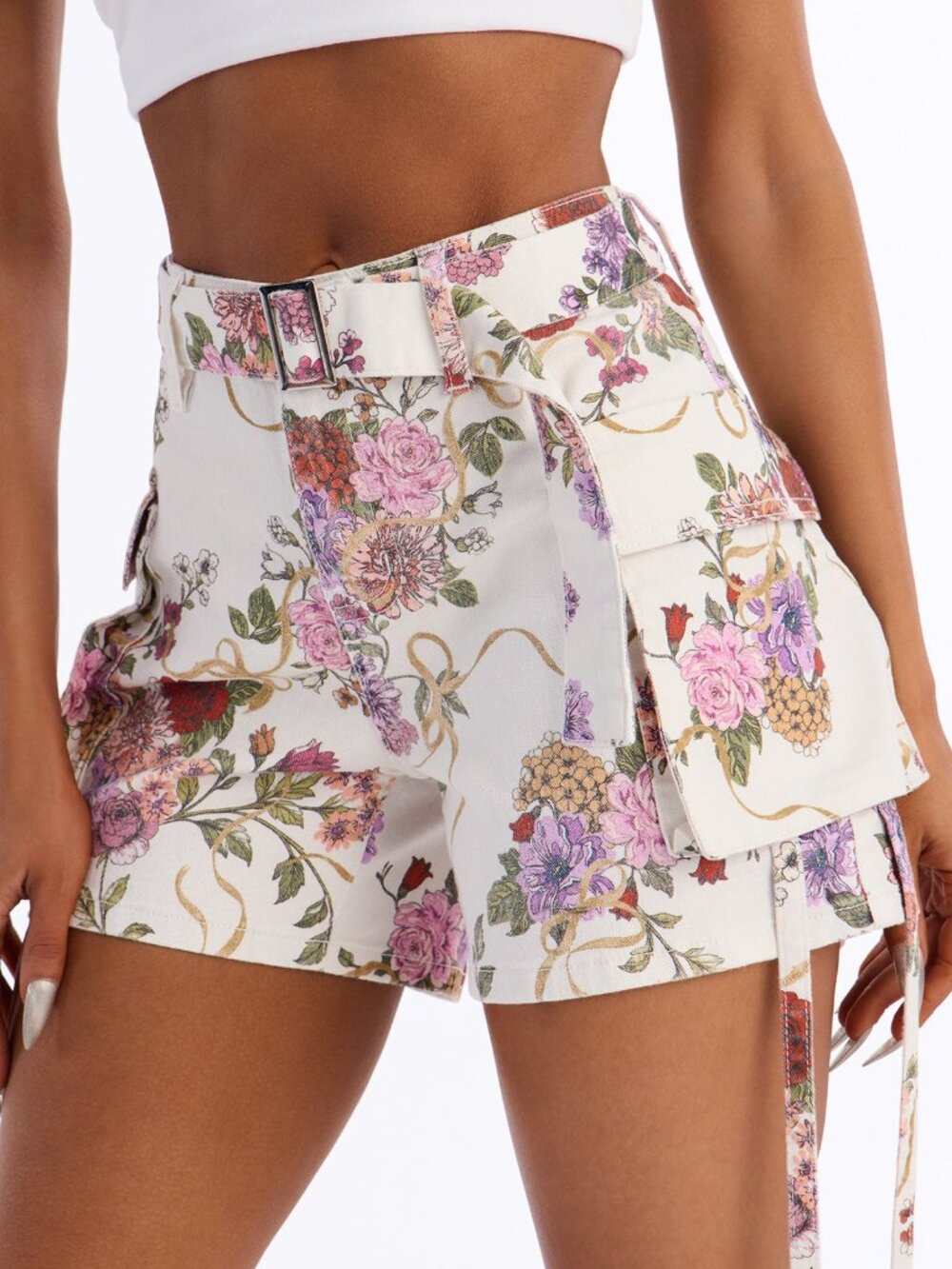 Floral Belted Cargo Denim Shorts